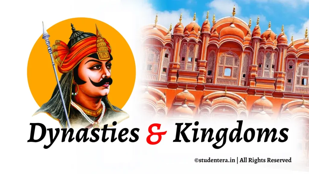 "Maharana Pratap" and "Hawa Mahal" with text written, "Dynasties and Kingdoms" in Rajasthan