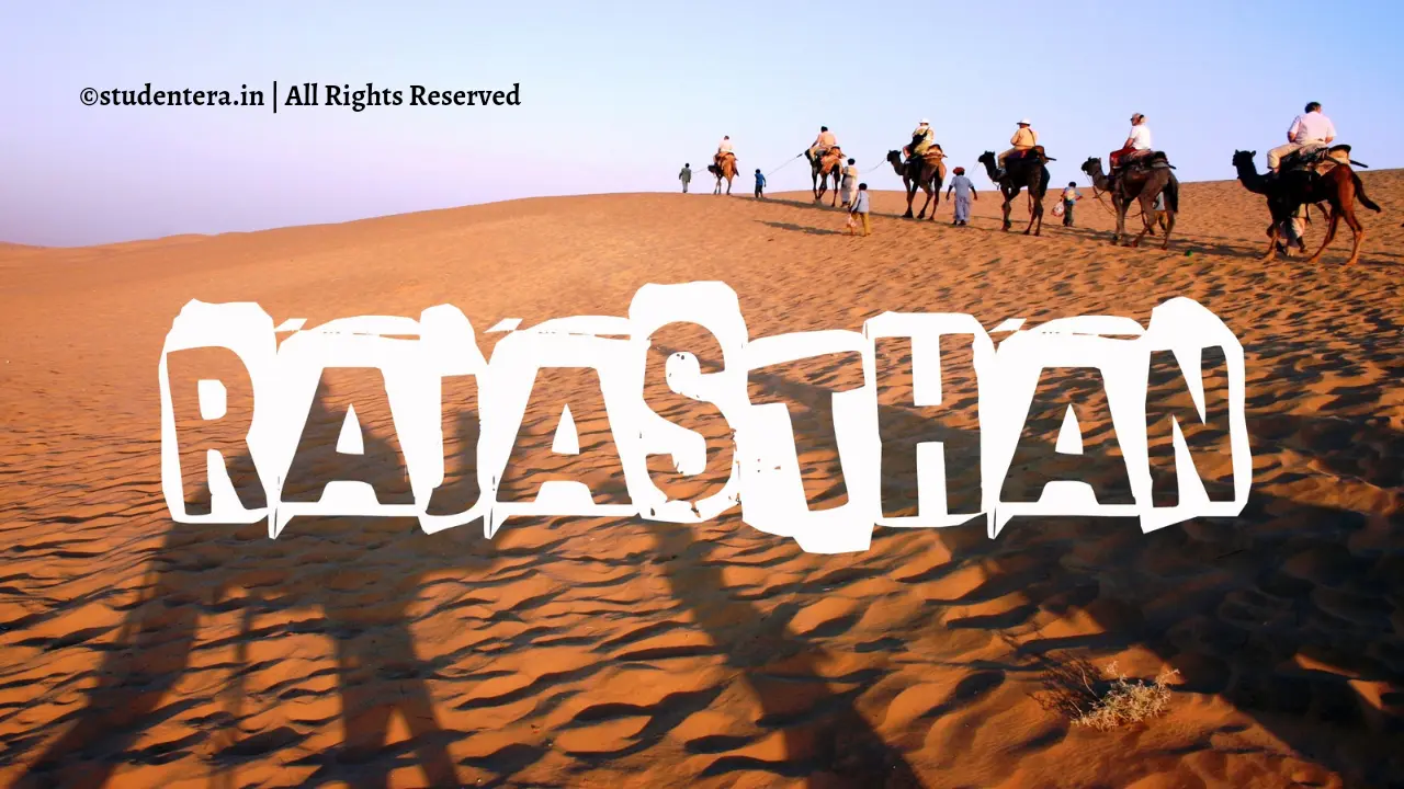 Camel riding in desert of Jaisalmer and a Heading "Rajasthan" is written in white text