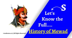 The text written "Let's know the full History of Mewar" with blue background colour and other side "Maharana Pratap" with a "Javelin".