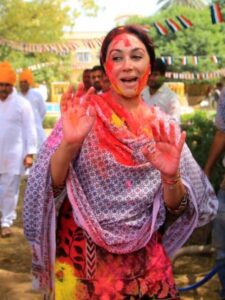 Former Royal Family of Jaipur Princess Diya Kumari play with colors and enjoy as they celebrate Holi festival at City Palace in Jaipur,Rajasthan, India on 21 March, 2019. (Photo by Vishal Bhatnagar/NurPhoto via Getty Images)